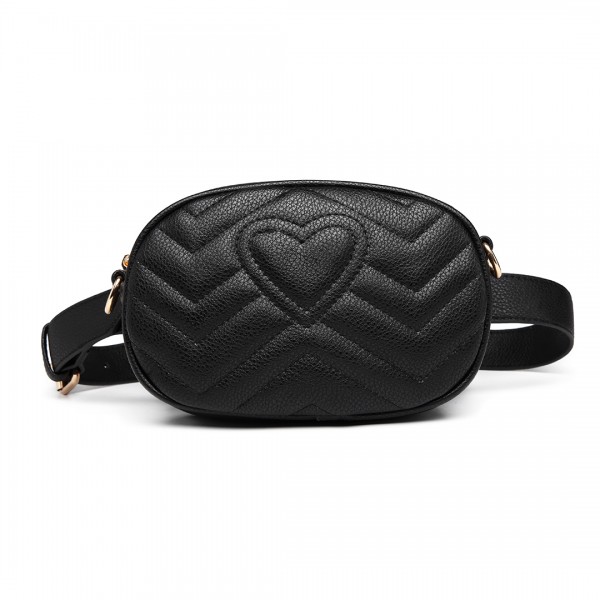 LH6834 - Miss Lulu Quilted Heart and Chevron Cross Body and Bum Bag - Black